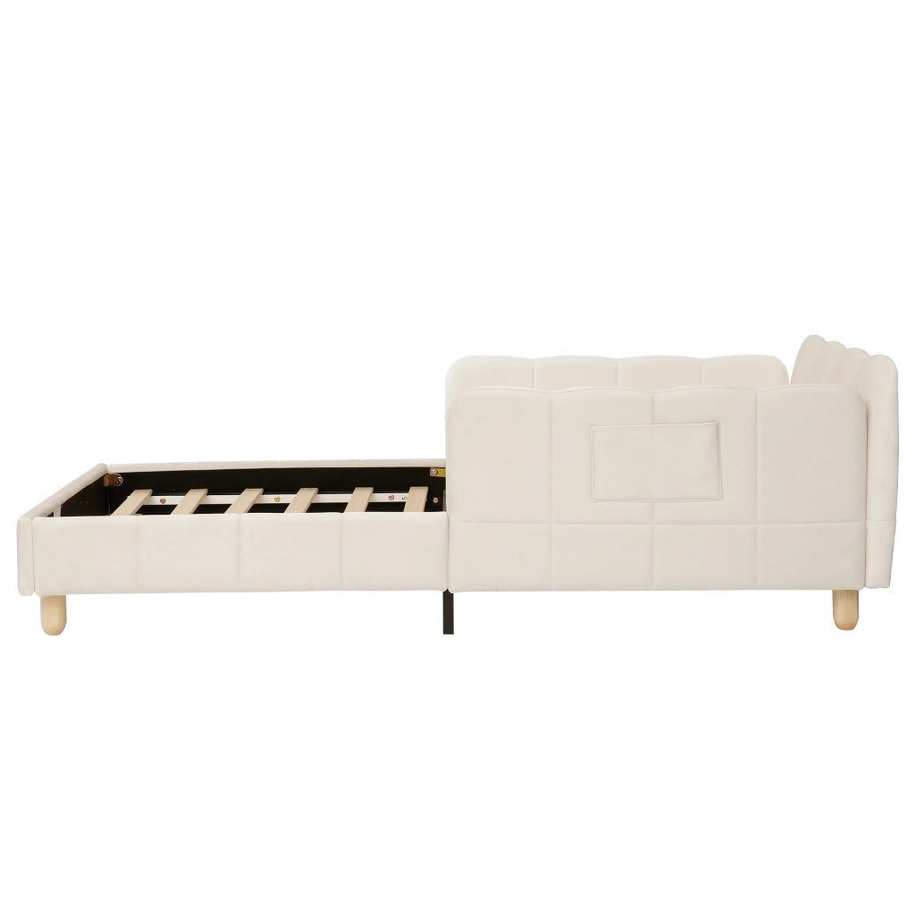 Letto singolo imbottito per bambini 90 x 200 cm in velluto beige con testiera ergonomica, sponde laterali e gambe in legno