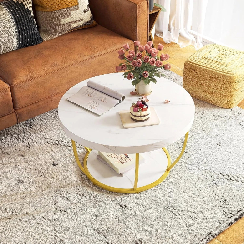 Tavolino rotondo a 2 ripiani, 80 x 80 x 45 cm, tavolo da soggiorno con effetto legno e struttura in metallo, elegante comodino per camera da letto, ufficio (bianco)