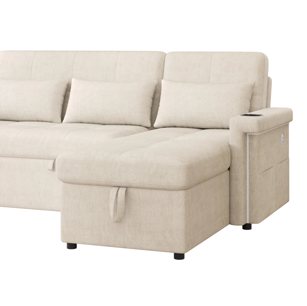 Divano letto angolare 209x141;5x90 cm in ciniglia beige con LED; USB e USB-C