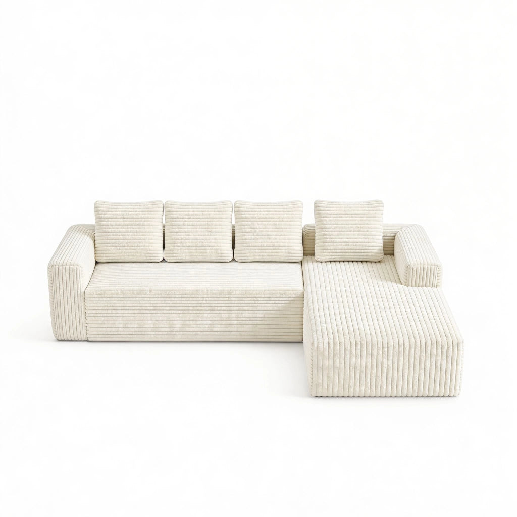 Divano ad angolo, divano a L, con poltrona reclinabile a destra, design modulare, 4 cuscini, pronto all’uso, beige