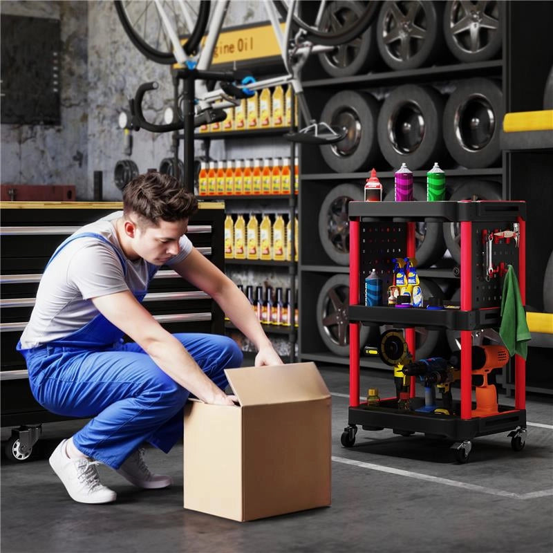 CARRELLO PORTA ATTREZZI A 3 LIVELLI IN PLASTICA CON PANNELLO FORATO LATERALE, NERO E ROSSO