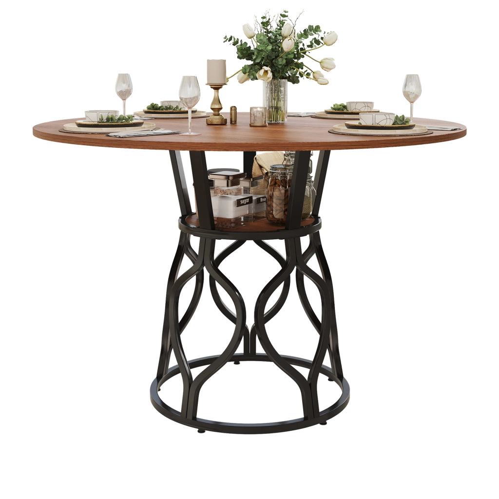 TAVOLO Rotondo 100x100x75 cm MDF Effetto Noce e Nero con ripiano