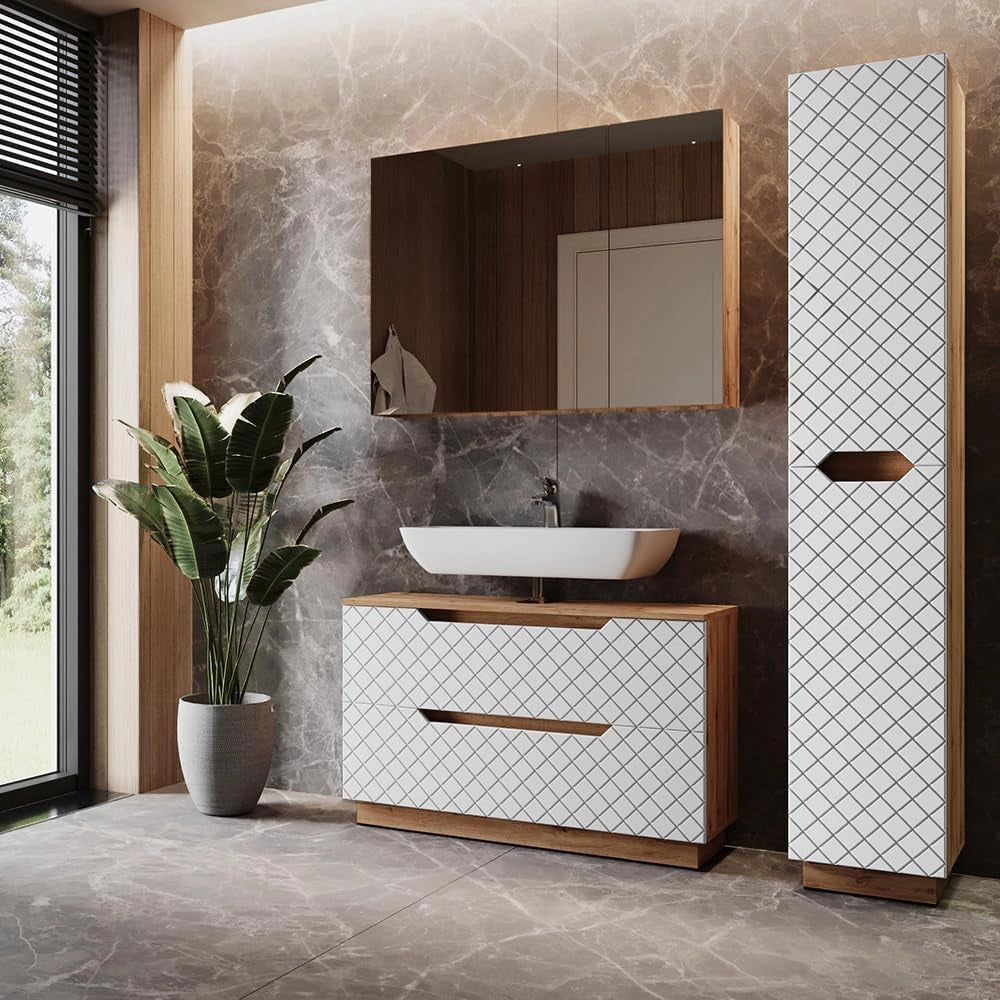 Set di mobili da bagno Lotta, Rovere/bianco con struttura in piastrelle, 3 parti