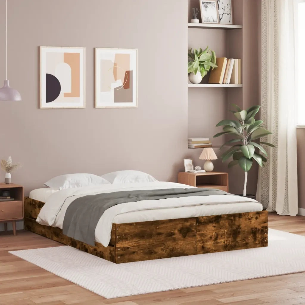 Letto matrimoniale | Letto per adulti | Giroletto con Cassetti Rovere Fumo 140x200 cm Legno Multistrato