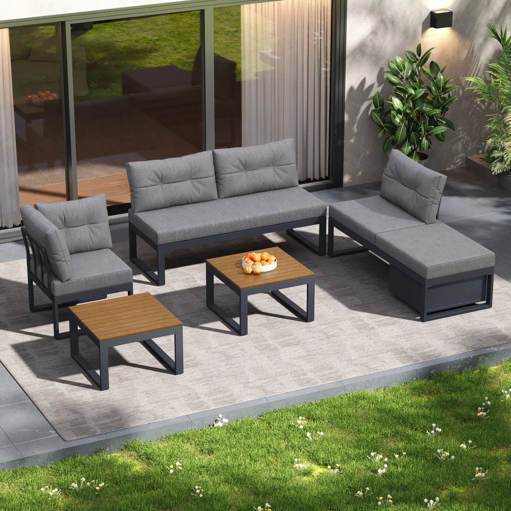 Set lounge da giardino modulare in poliestere grigio con contenitore e schienale regolabile a 3 posizioni