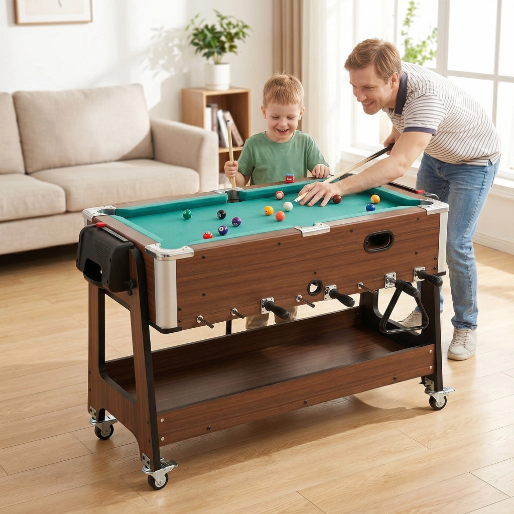 Tavolo da Gioco 3 In 1 Air Hockey Biliardo Calcio Balilla 102,5x61,5x65 cm Ruote Bloccabili Ripiano in MDF Effetto Noce