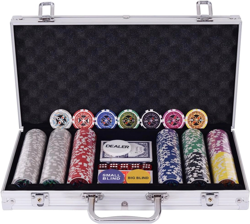 Poker Chips, Set da Poker con 300 Chips, Incluse 2 Carte da Poker 5 Dadi 1 Pulsante, Valigetta in Alluminio, Due Colori Disponibili (Nero)