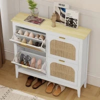 Mobile Scarpiera per 20 Paia di Scarpe con 4 Cassetti Ribaltabili in Legno e Rattan, 105x24x95,5 cm, Bianco