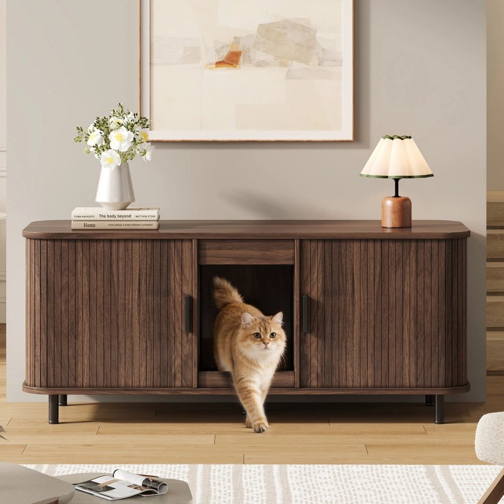 Mobile coperto per lettiera per gatti con 2 vani e porte scorrevoli, per soggiorno, in MDF, noce, 140 × 50 × 60 cm