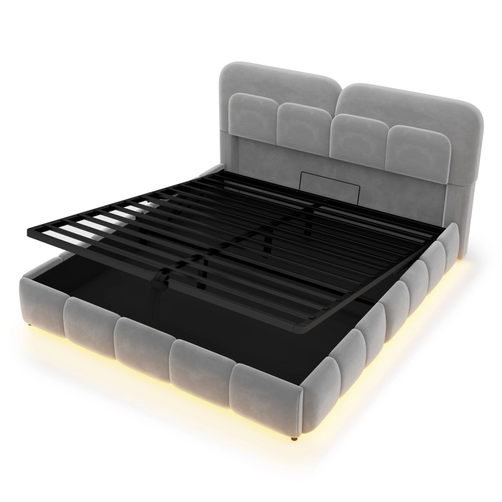 Letto imbottito 140x200 cm con contenitore idraulico e LED; velluto; grigio