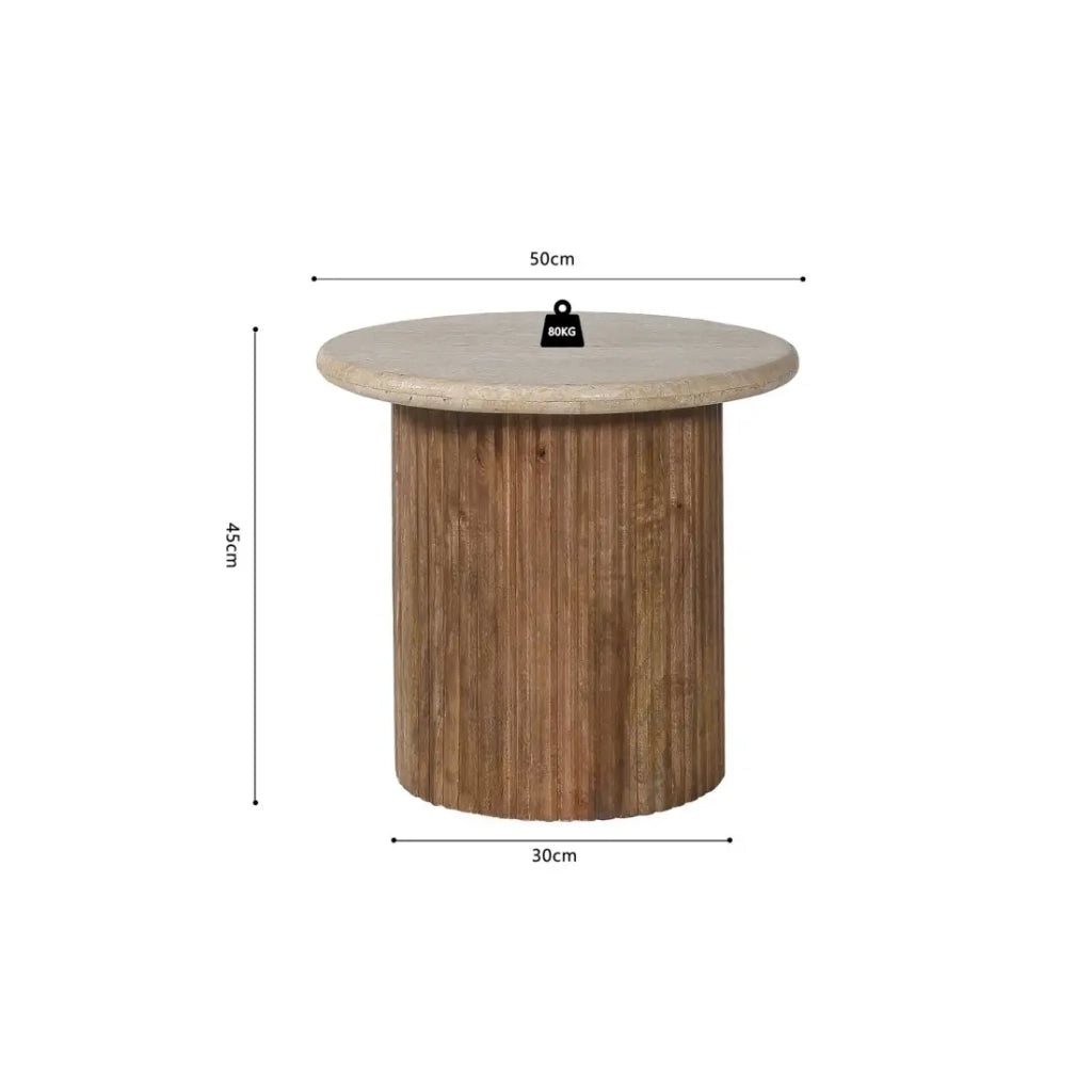 Tavolino MAELORA – Tavolino rotondo Ø50 cm – Legno di mango & travertino – Design naturale ed elegante