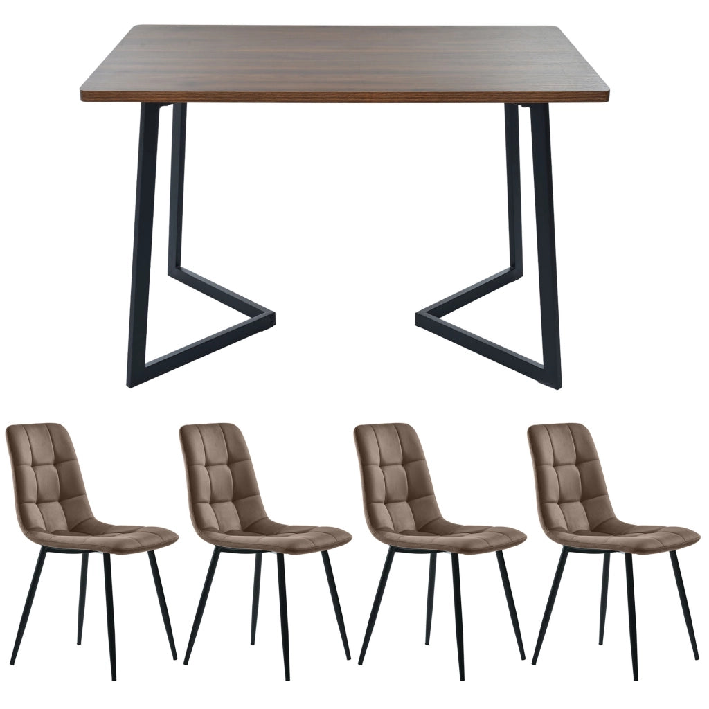 Tavolo da pranzo con 4 sedie in MDF color noce, seduta in velluto, per cucina e sala da pranzo
