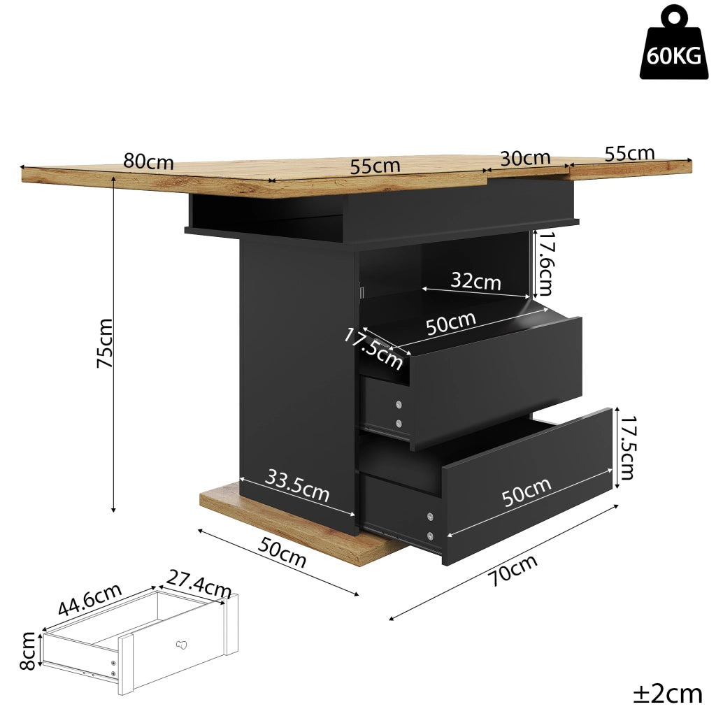 Tavolo da pranzo allungabile con vano contenitore e chiusura ammortizzata magnetica per cucina nero naturale 110 × 80 × 75 cm