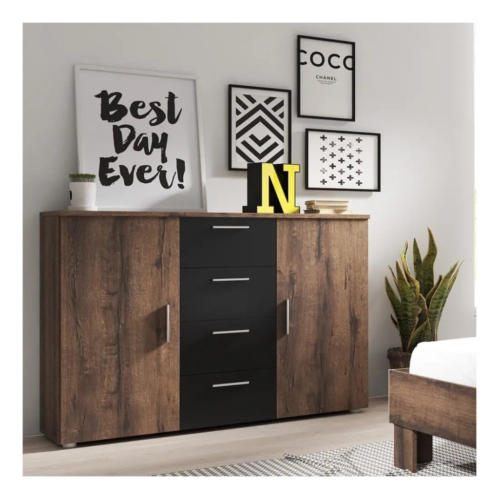 Comò con 2 ante e 4 cassetti 130cm. Collezione IRINA in imitazione di rovere scuro e nero.