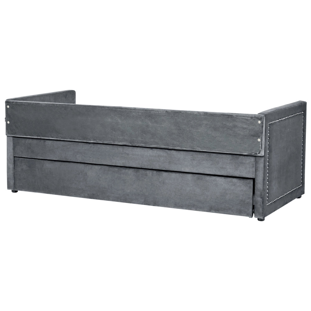 Letto da giorno estraibile velluto a coste grigio scuro 90 x 200 con rete a doghe e testiera con chiodini