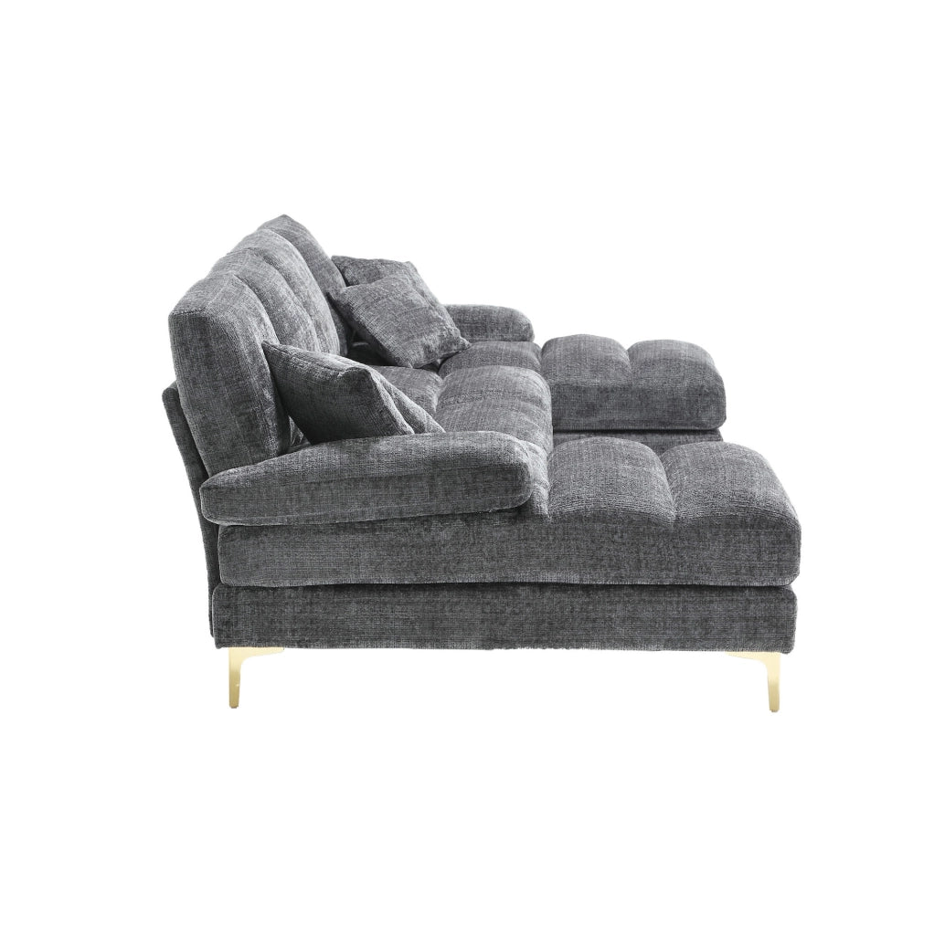 Divano modulare a U in ciniglia grigio con doppia chaise longue