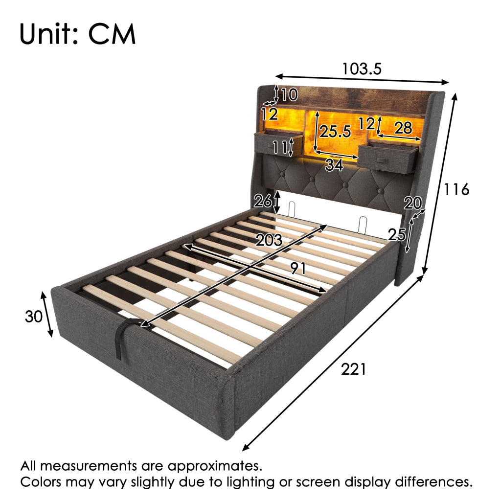 LETTO contenitore 90x200 cm in lino grigio con LED, USB e testiera con ripiano