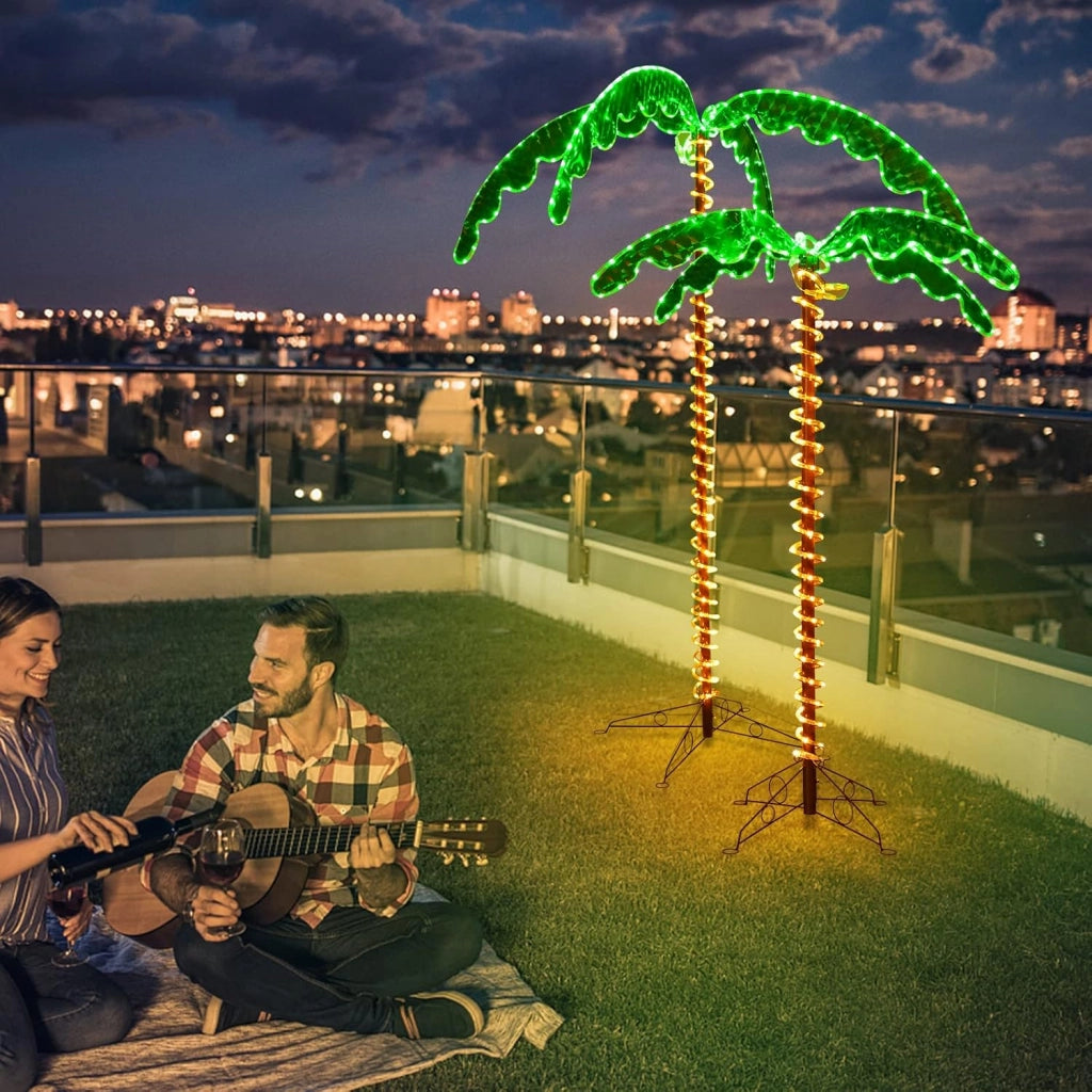 Palma Tropicale con Luci LED 136/168 cm, Illuminazione Esterna con Forma di Palma, con Base Pieghevole, Palma Realistica Decorativa per Feste e Esterno (168cm)
