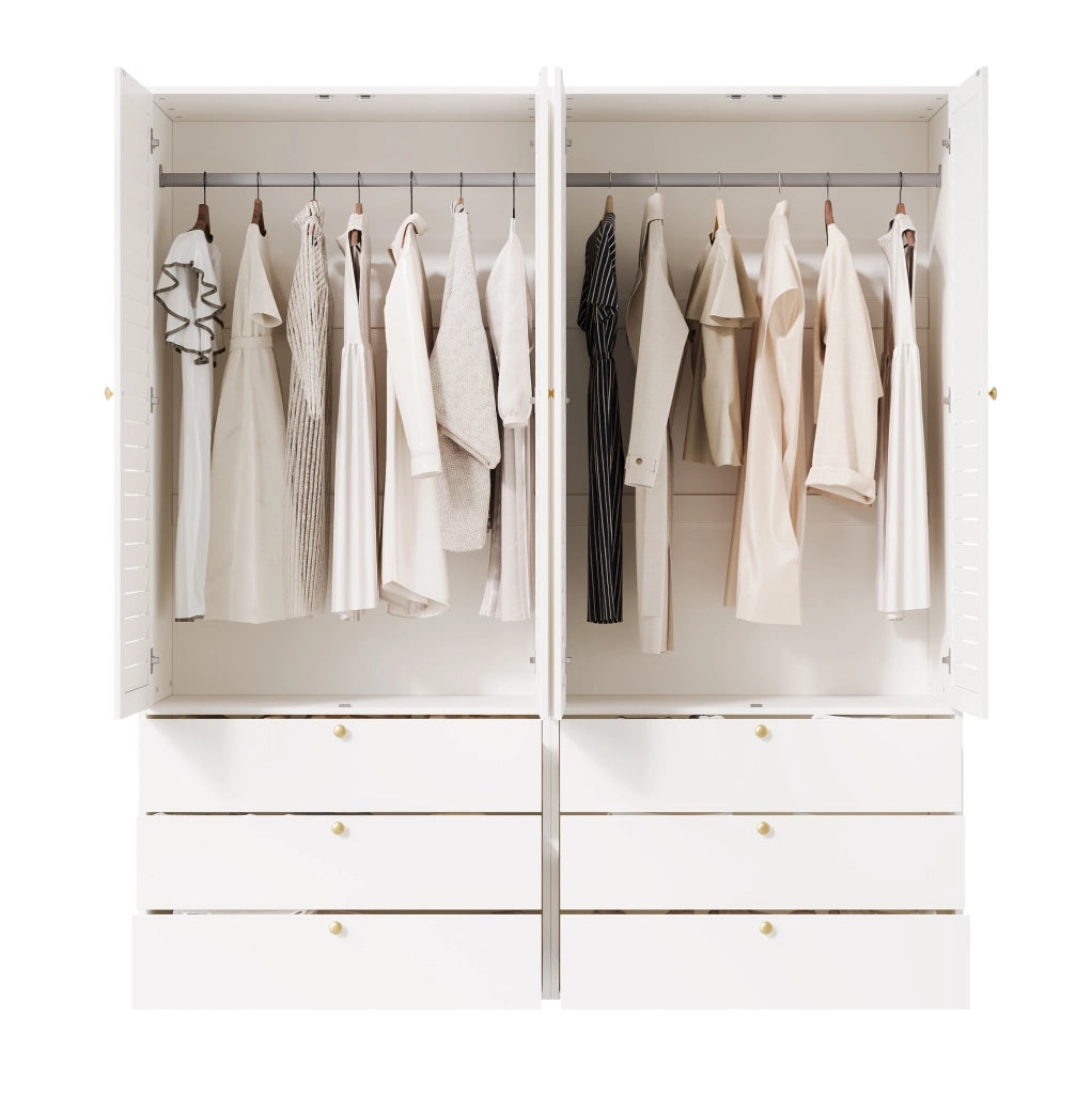 Armadio 4 ante con 6 cassetti e 2 aste appendiabiti; bianco; 180x50x200 cm