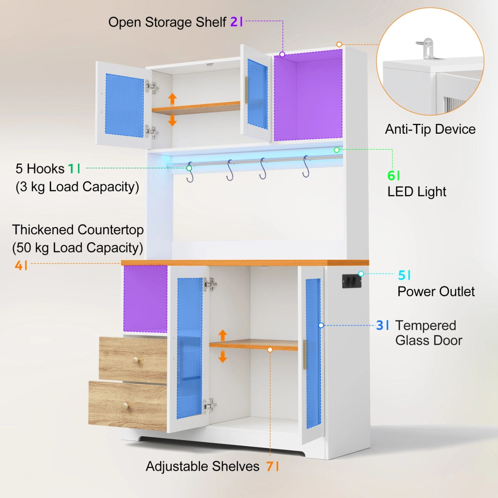 Credenza alta da cucina con LED, prese USB e ante in vetro temperato, bianco effetto legno, 110x40x178 cm