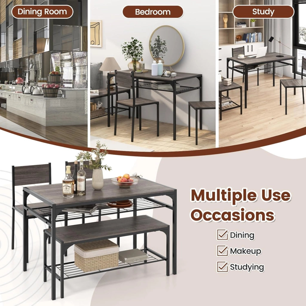 Set di tavolo da pranzo per 4, tavolo rettangolare con 2 sedie, 1 panchina, mensole, telaio in metallo resistente, set da pranzo da 4 pezzi, sala da pranzo, cucina (grigio), NF88000