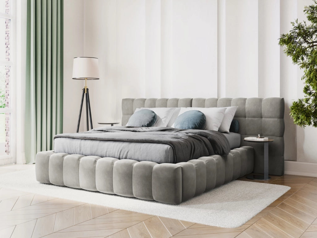 Cosmopolitan Design - Letto a cassettone con testiera doppia "Bali" 200x200cm in velluto grigio chiaro 