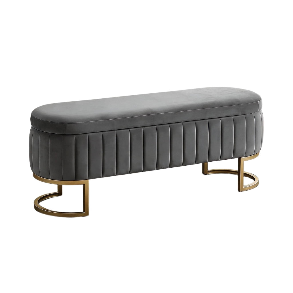 PANCA CONTENITORE 130 cm In Velluto Grigio Chiaro Con Gambe In Metallo Dorato
