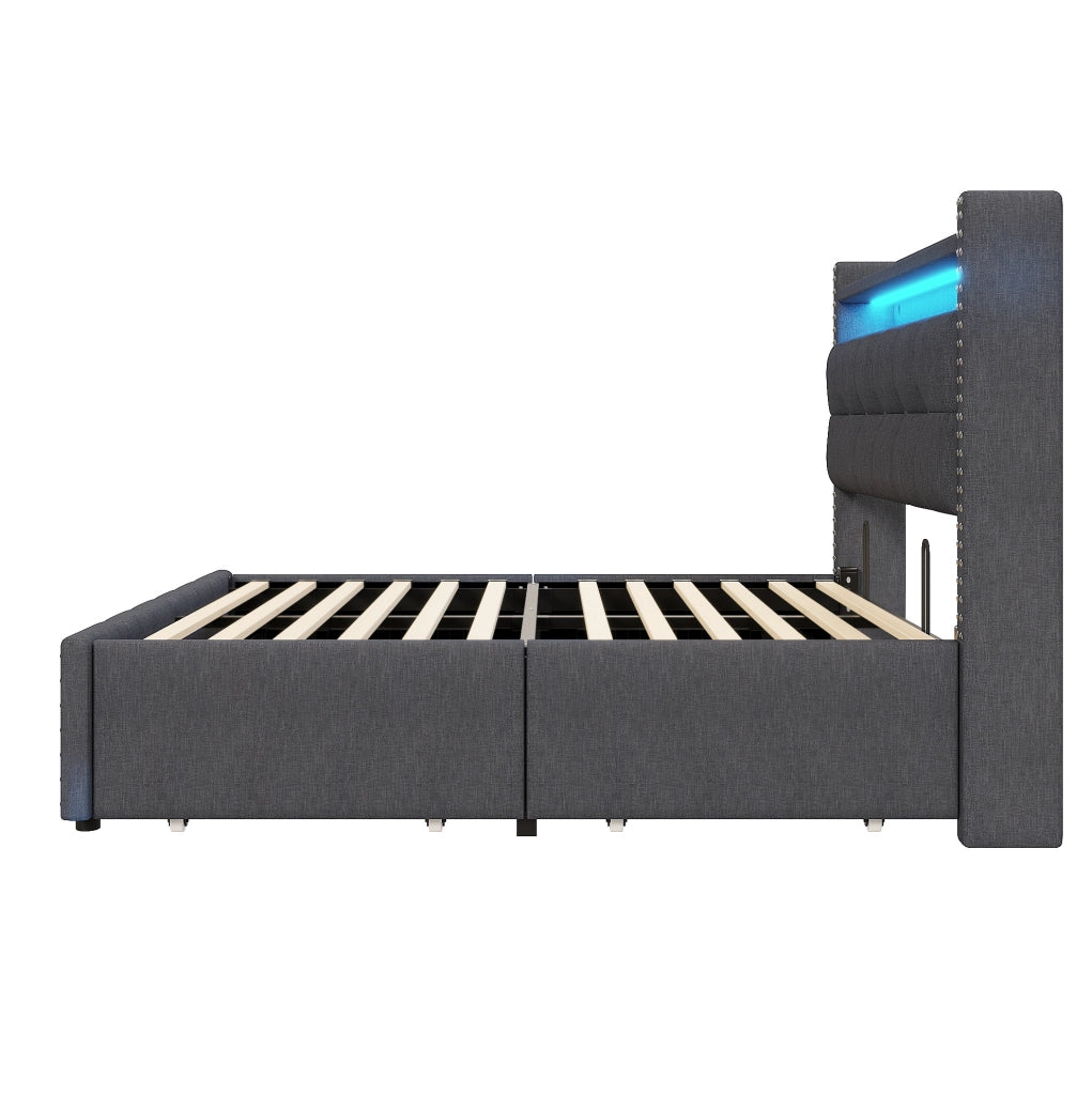 Letto matrimoniale imbottito 160x200 cm con LED, USB, contenitore e 4 cassetti