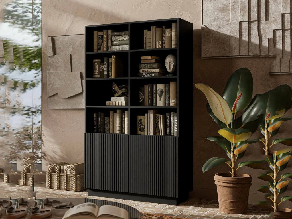 Libreria Miniato, Mobile portalibri con vani aperti e due ante, Design moderno e minimale, 172x40 h100 cm, Nero