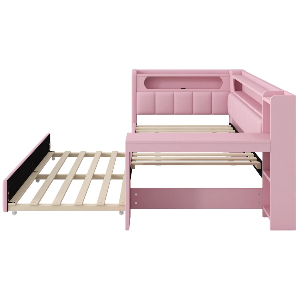 Letto imbottito 90x200 con LED, USB, letto estraibile e scrivania rosa