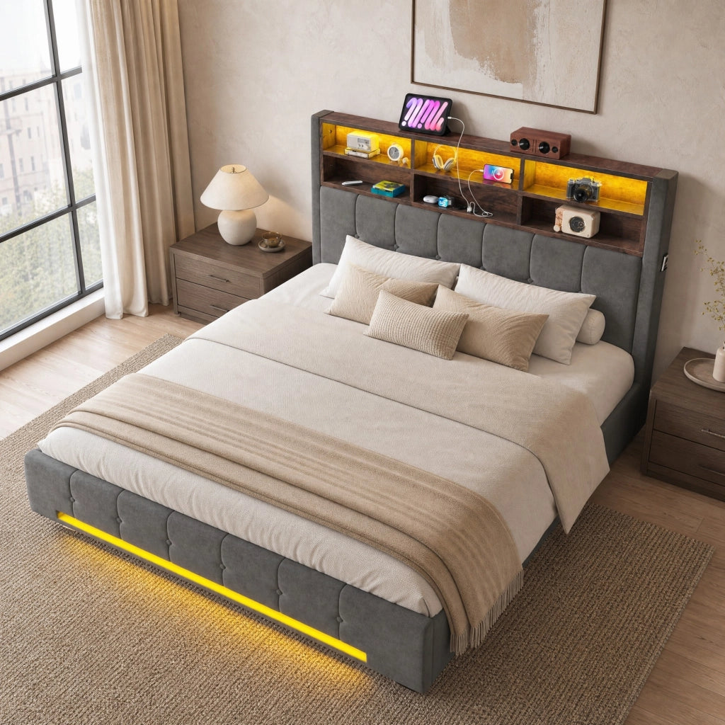 Letto contenitore 180 × 200 cm con sollevamento idraulico rivestito in velluto grigio scuro con LED e USB-C
