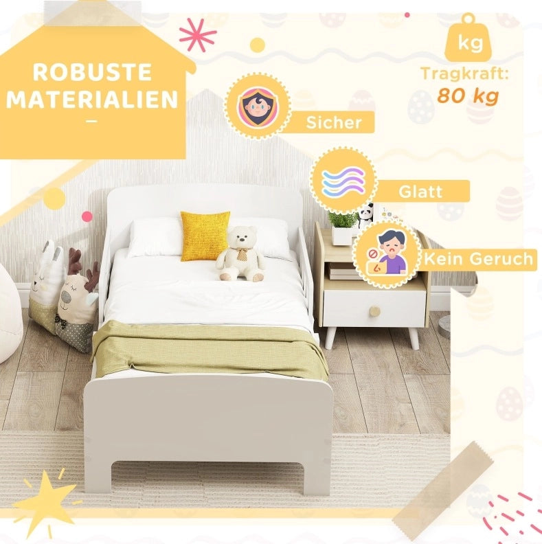 Letto per bambini basso con sponde di sicurezza; legno; bianco