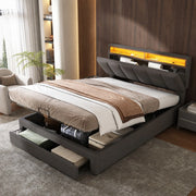 Letto imbottito 140x200 cm con LED; rete a doghe e vano contenitivo; grigio