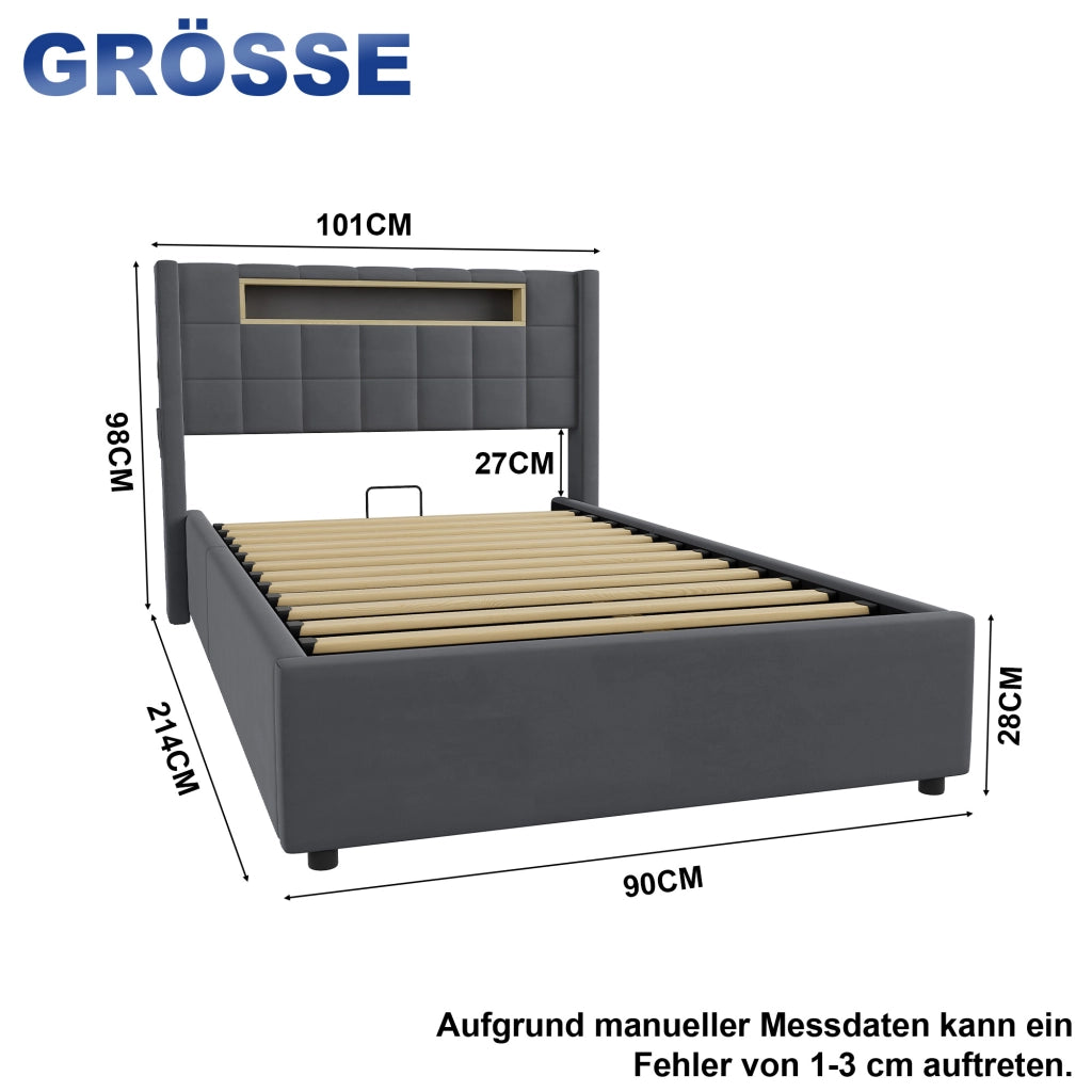Letto singolo imbottito 90 x 200 cm in velluto grigio con contenitore idraulico, LED e porte USB/Type-C