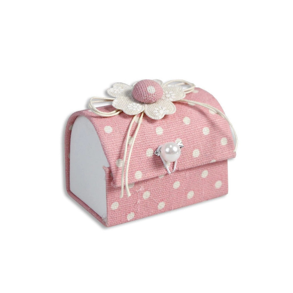 Trade Shop - 12 Scatolina Baule In Tessuto Porta Confetti Bomboniera Nascita Battesimo Rosa -