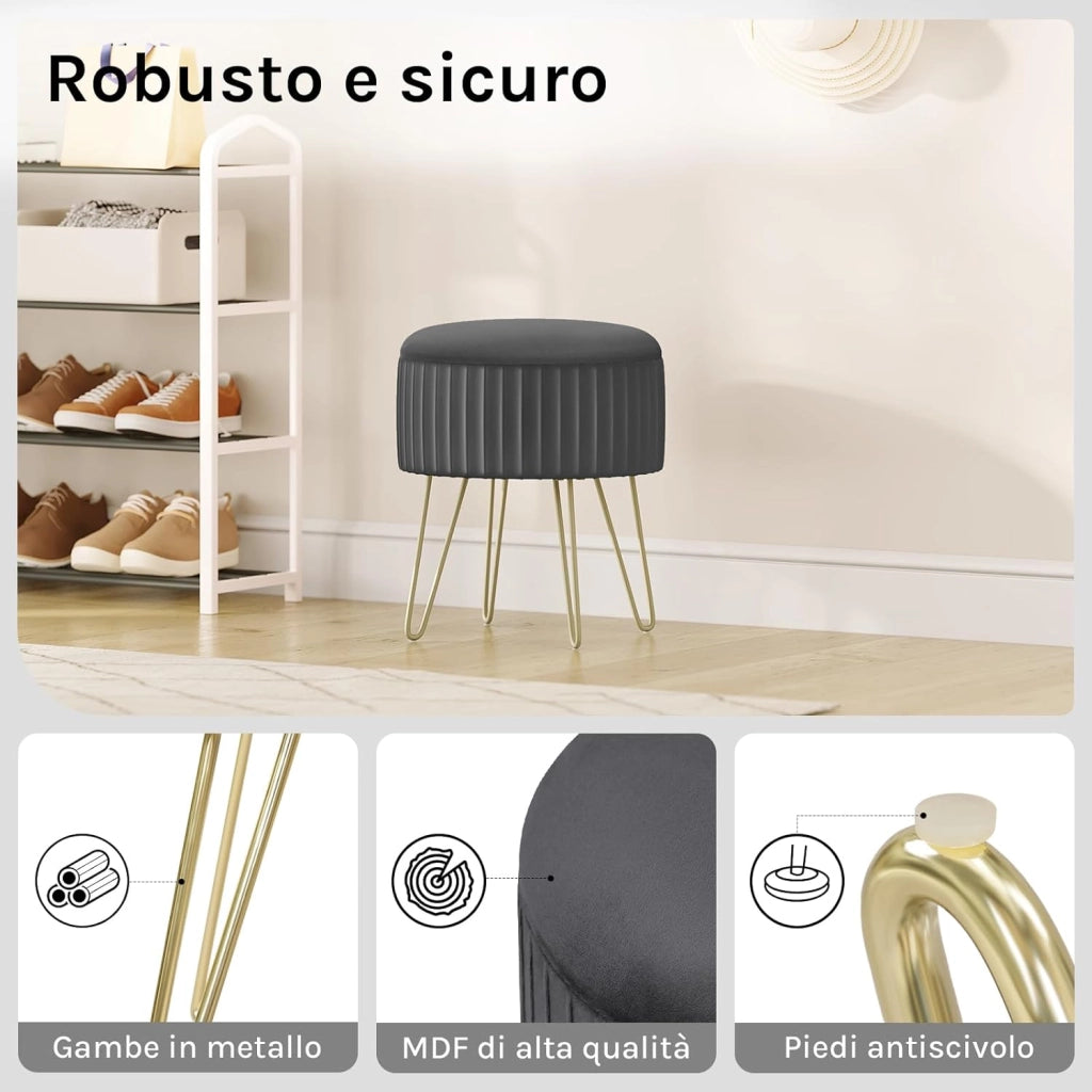 Poggiapiedi Ottomano, Contenitore con Rivestimento in Velluto Olandese e Gambe in Metallo, Sgabello Rotondo per Soggiorno/Camera da Letto/Ingresso, φ31,5xH37,5 cm, Grigio Scuro, SH105dgr