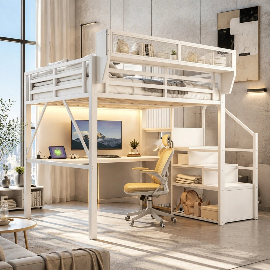 Letto a soppalco in metallo 140x200 cm con scrivania lunga, LED, scala di sicurezza e ripiani flessibili, bianco
