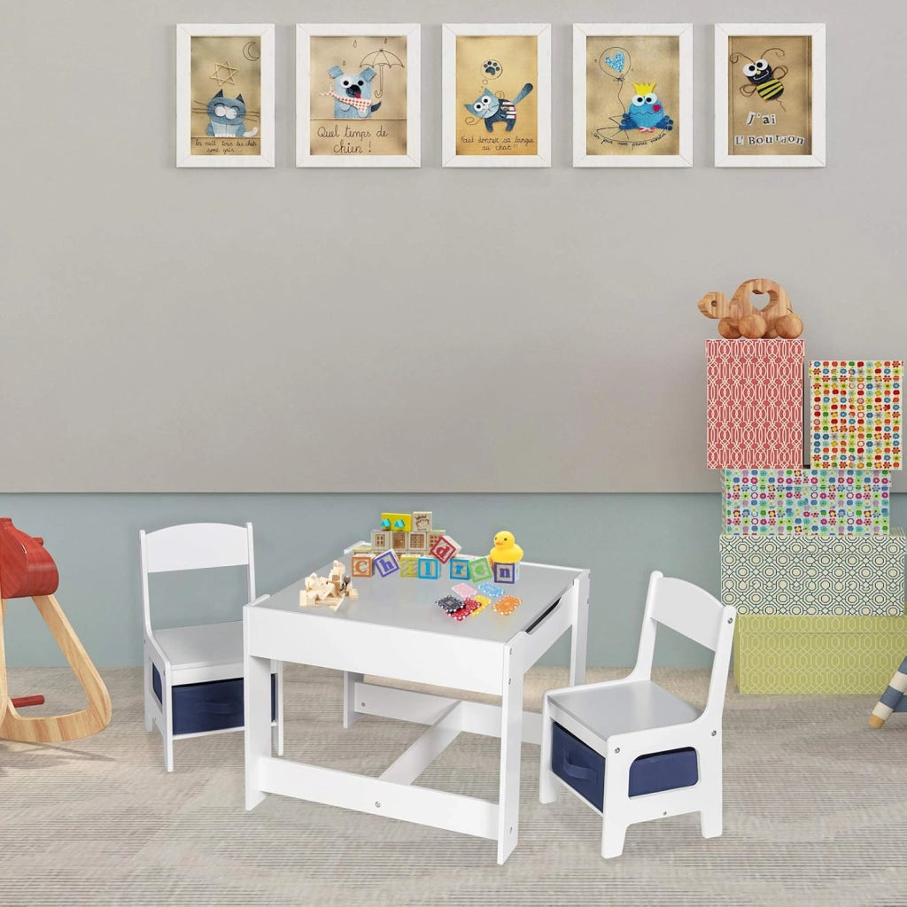 Set di Tavolo e Sedie di Prima Infanzia Quadrato con Lavagna da Giocare 3 in 1 Mobili Scrivania Versatile per Cameretta Sala Regalo Creativo per Bimbi 2-6 Anni Colore Bianco e Grigio