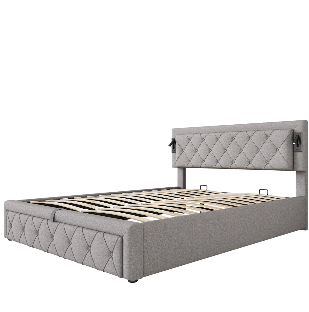 Letto matrimoniale imbottito con contenitore, illuminazione e prese USB grigio