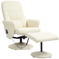 Poltrona massaggiante con poggiapiedi, Sedia ergonomica con 10 punti vibrazione, Ecopelle, 76 x 81 x 105 cm, Bianco crema