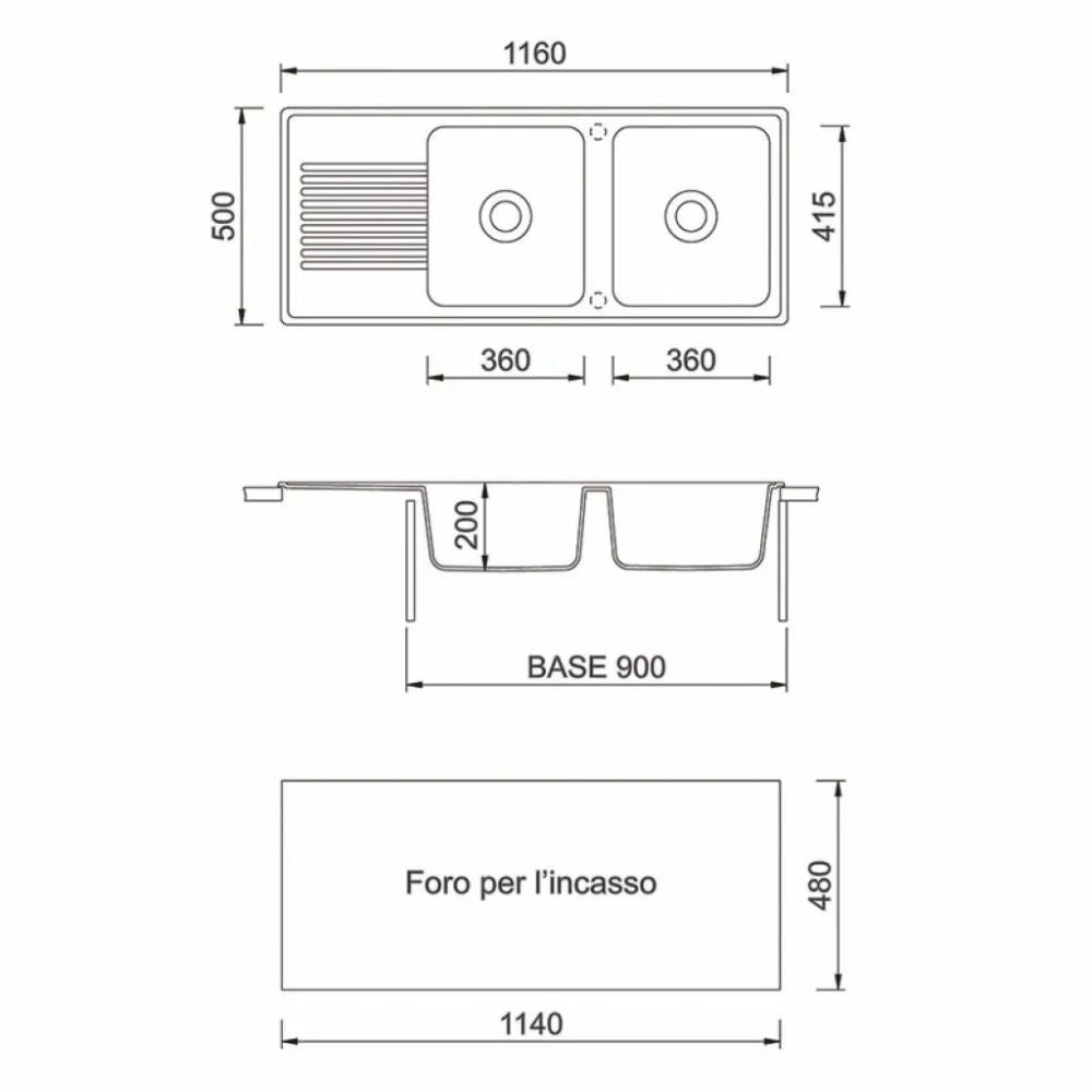 Lavello 116x50 cm 2 vasche gocciolatoio bianco Samet