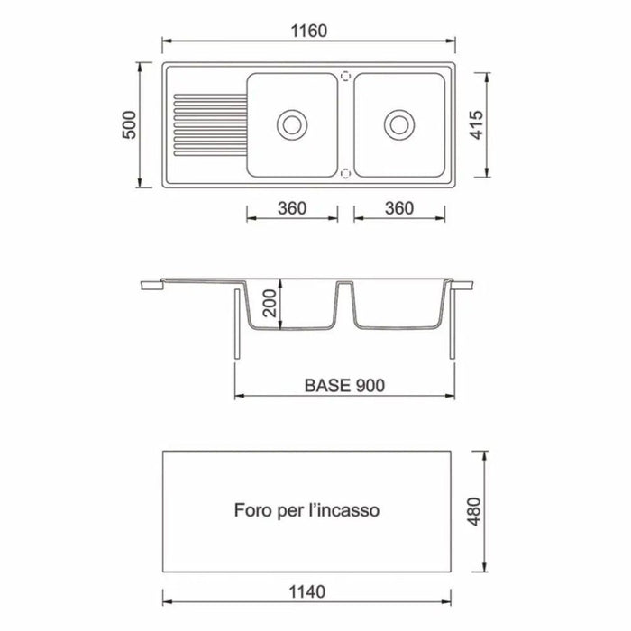 Lavello 116x50 cm 2 vasche gocciolatoio bianco Samet