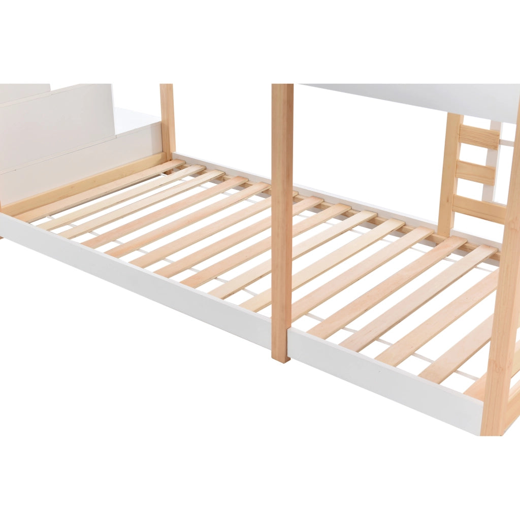 Letto a castello per bambini a tema casetta sull’albero 90x200 cm in legno massello e MDF, naturale e bianco
