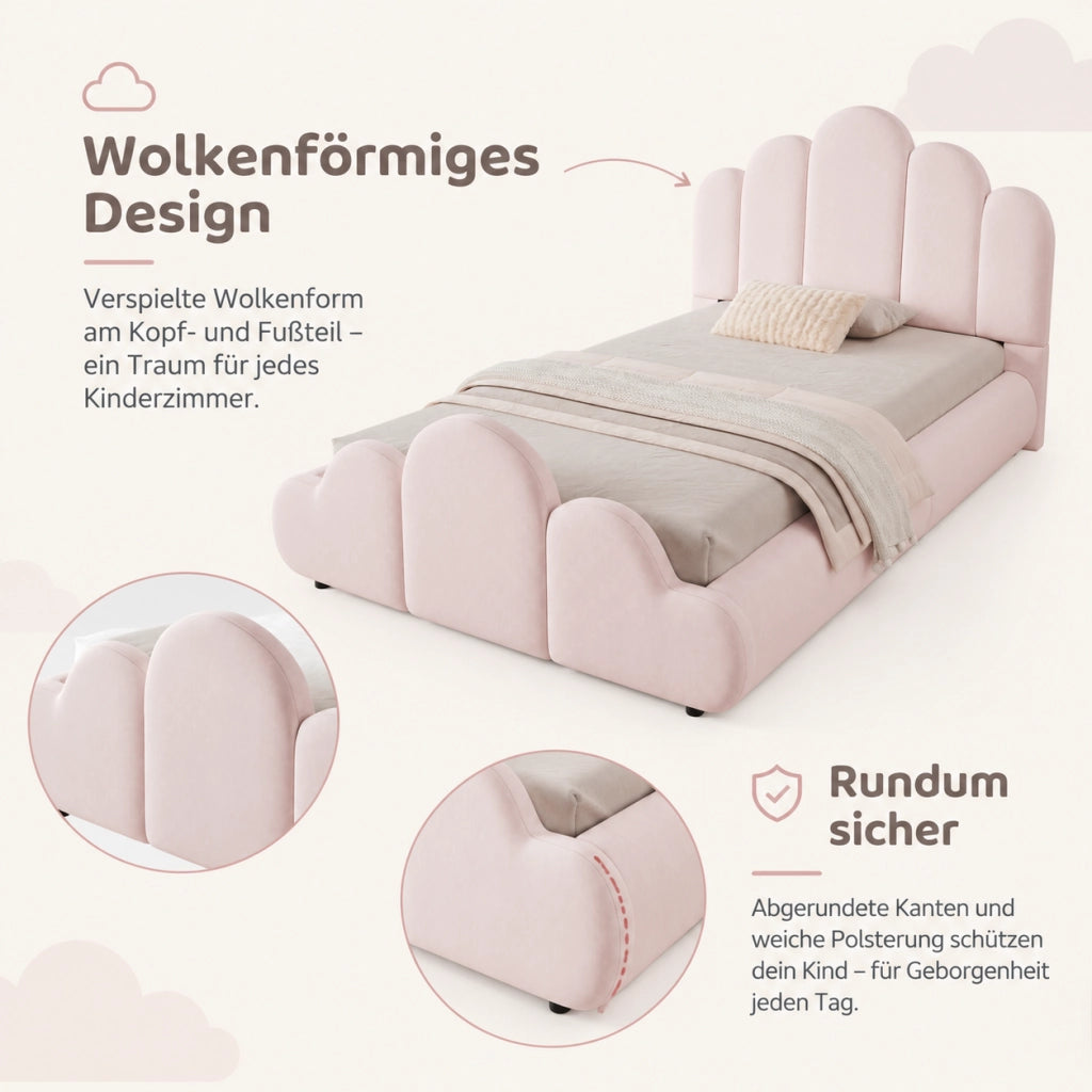 LETTO per bambini 90x200 cm in velluto rosa, struttura imbottita