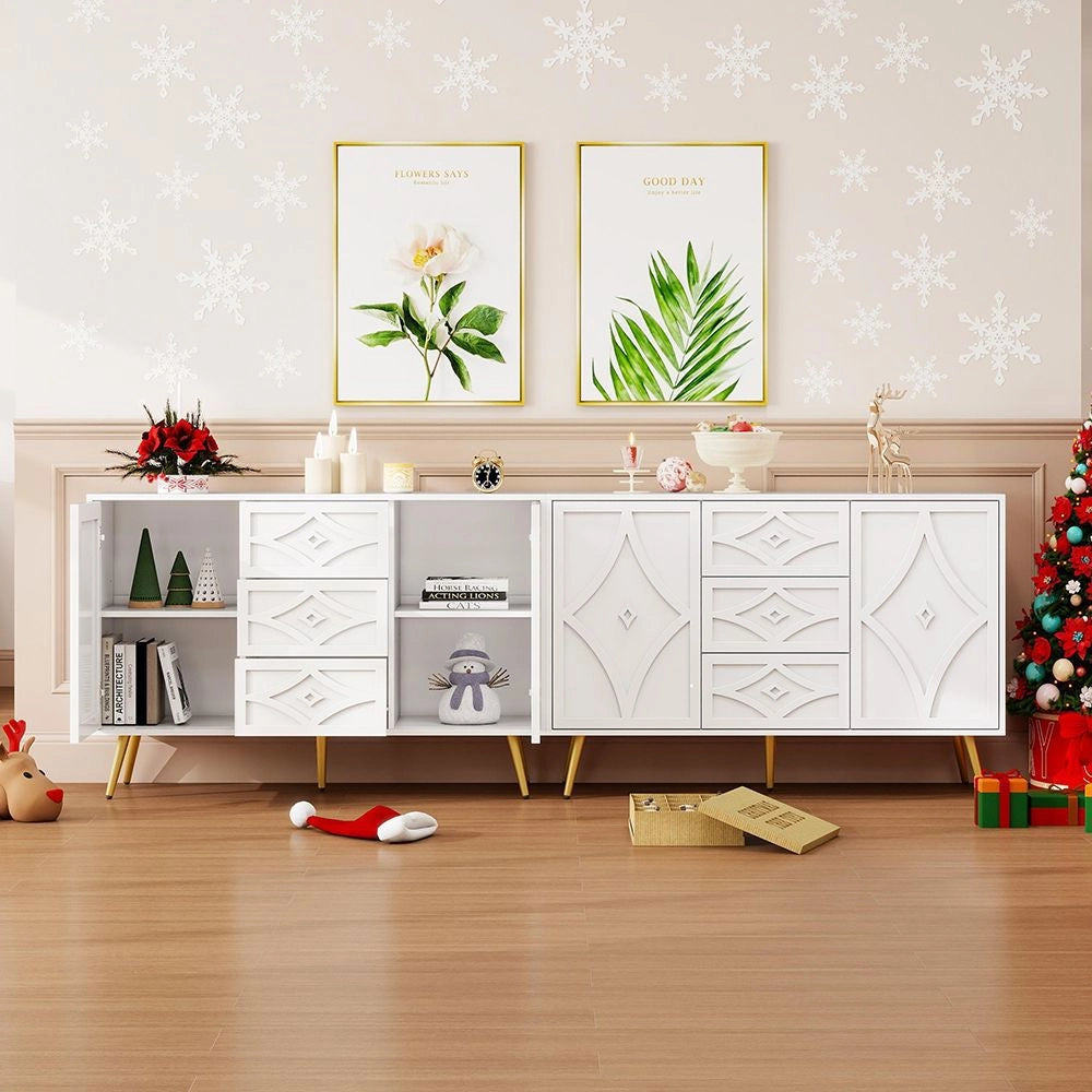Com¨° elegante con motivo a losanga - Xylo - 120¡Á40¡Á80 cm - Bianco - 3 cassetti 2 ante piedi dorati