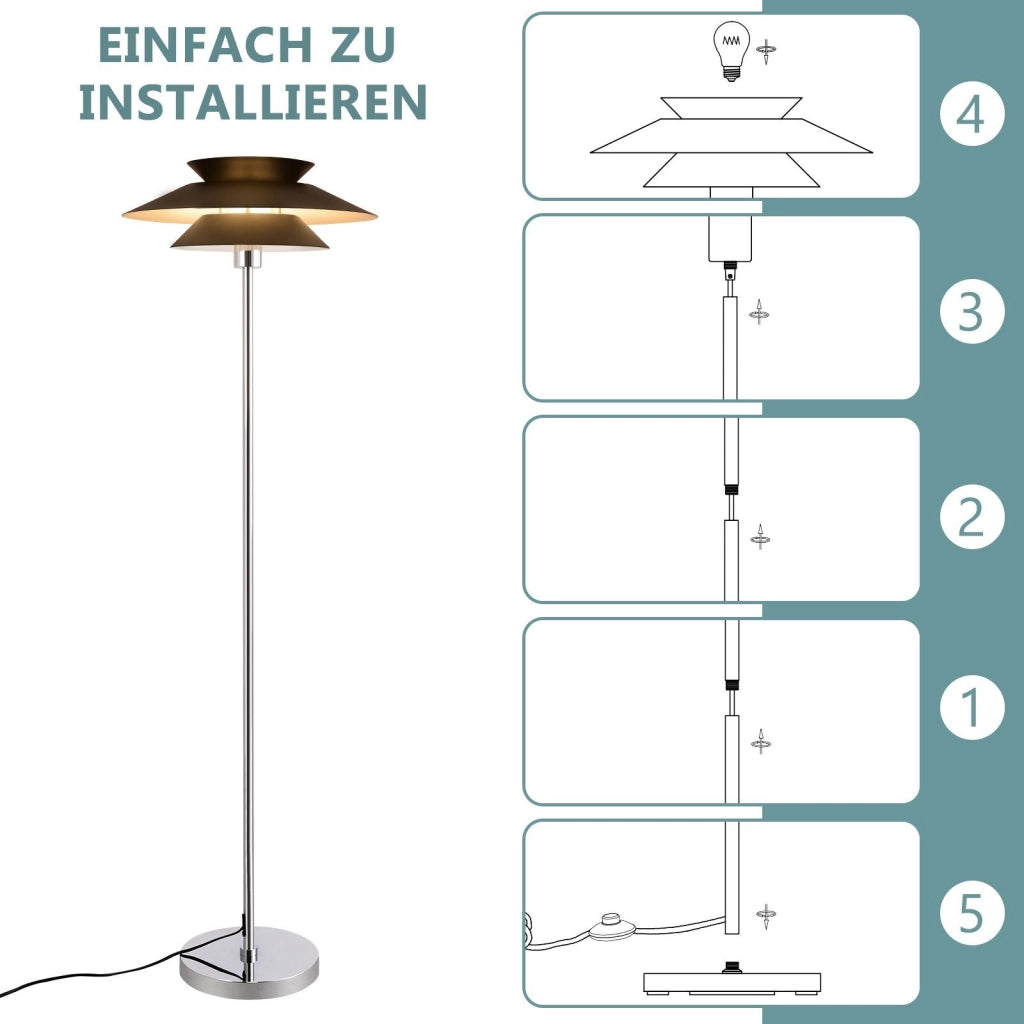 ZMH Lampada da terra vintage nera E27 metallo industriale 145cm interruttore pedale per camera letto ufficio