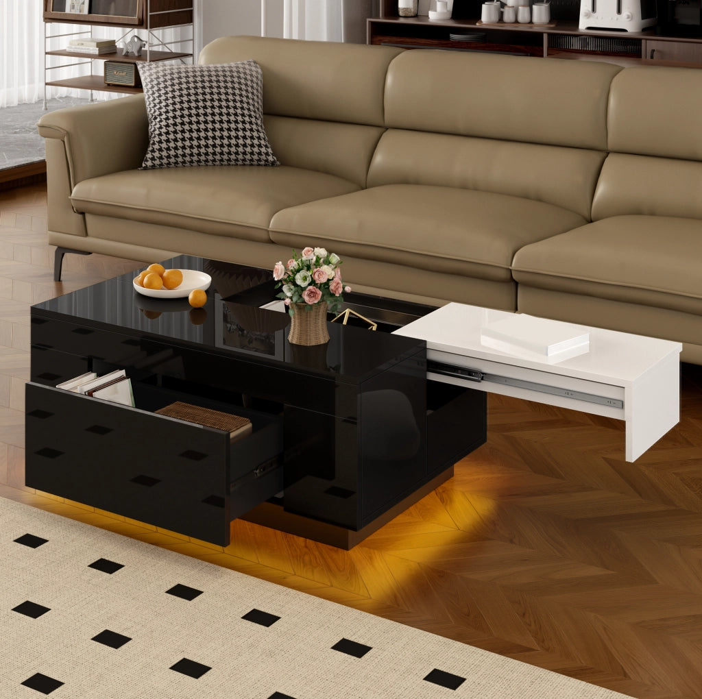 Tavolino da caffè LED estraibile 80x50x35;5 cm in MDF nero e bianco