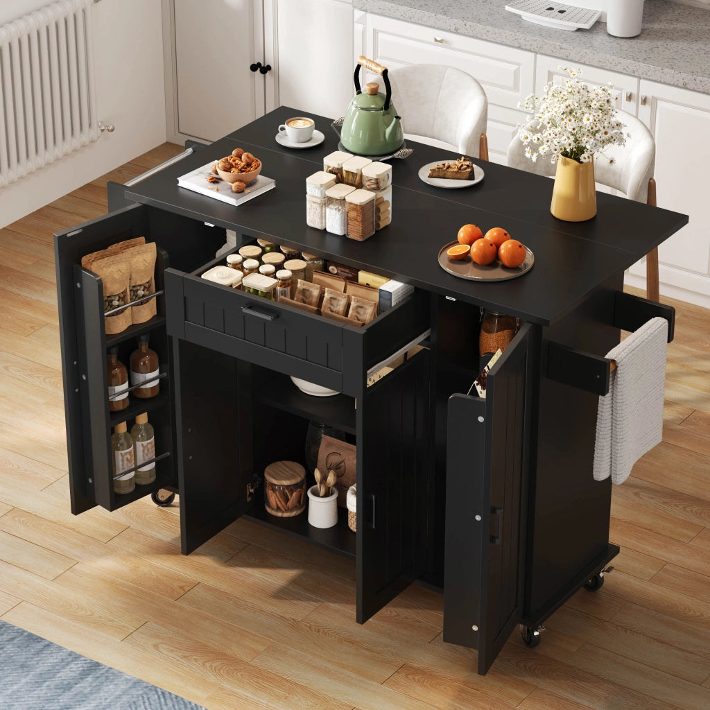Isola cucina con piano ribaltabile e ruote, 4 ante e 1 cassetto, nera, 120x45(70)x95 cm