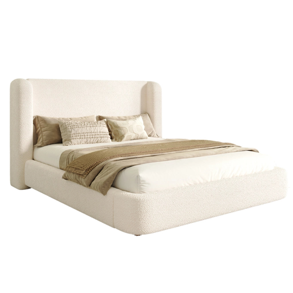 Letto matrimoniale imbottito con contenitore; testiera in bouclé beige; 219x189x100 cm