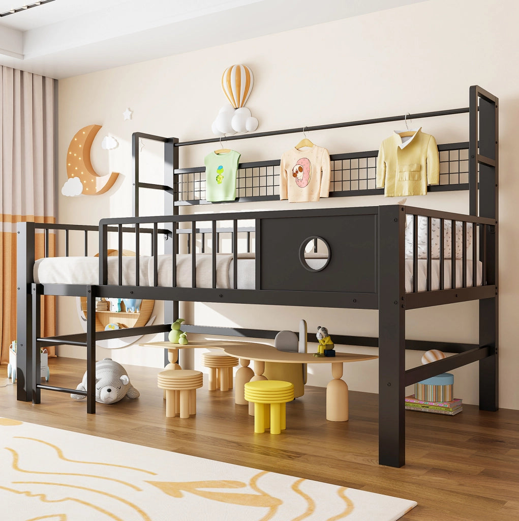 Letto a soppalco basso per bambini 90x200 cm in metallo nero